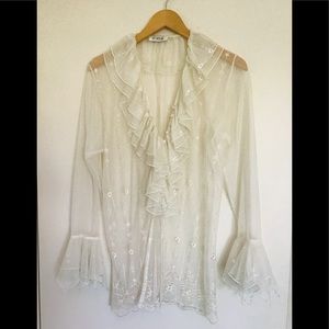 Off White Embroidered Ruffle Mesh Blouse